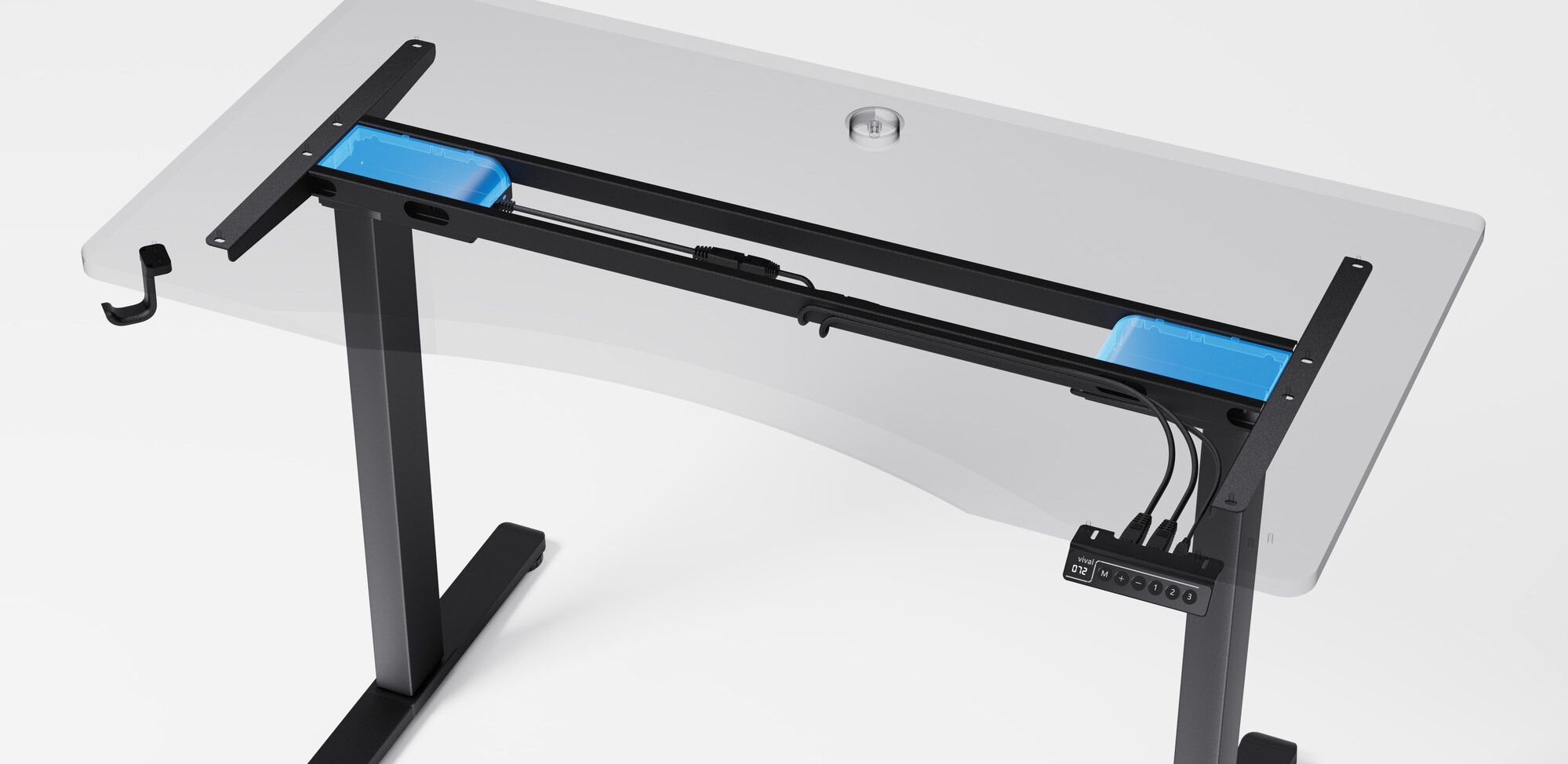 The Vival Desk dual-motor frame — two independent motors, one in each leg, with tidy cable management and the one-touch memory controller