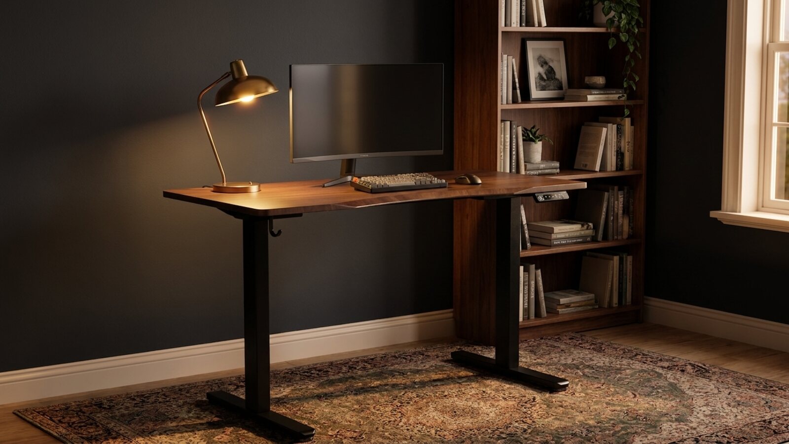 The Vival Desk in a warm study at dusk